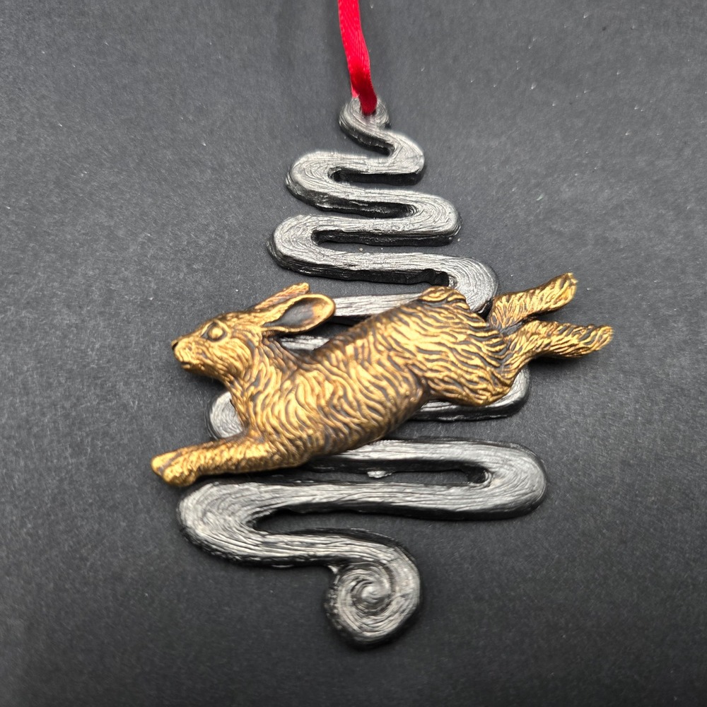 Michael Ricker Pewter Leaping Hare Rabbit Christmas Ornament Two Tone Numbered